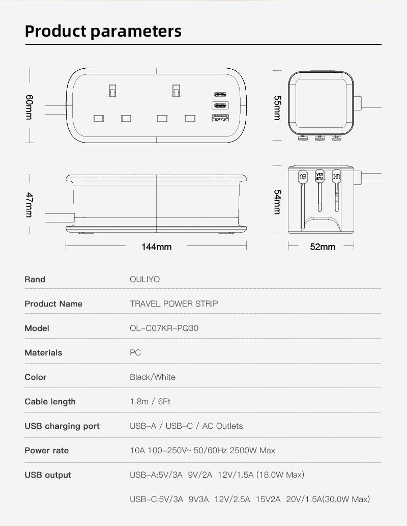 30W Universal Travel Power Strip – 1.8m Cable